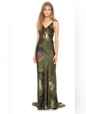 Haute Hippie Olive Green Bird & Floral Slip Maxi Dress